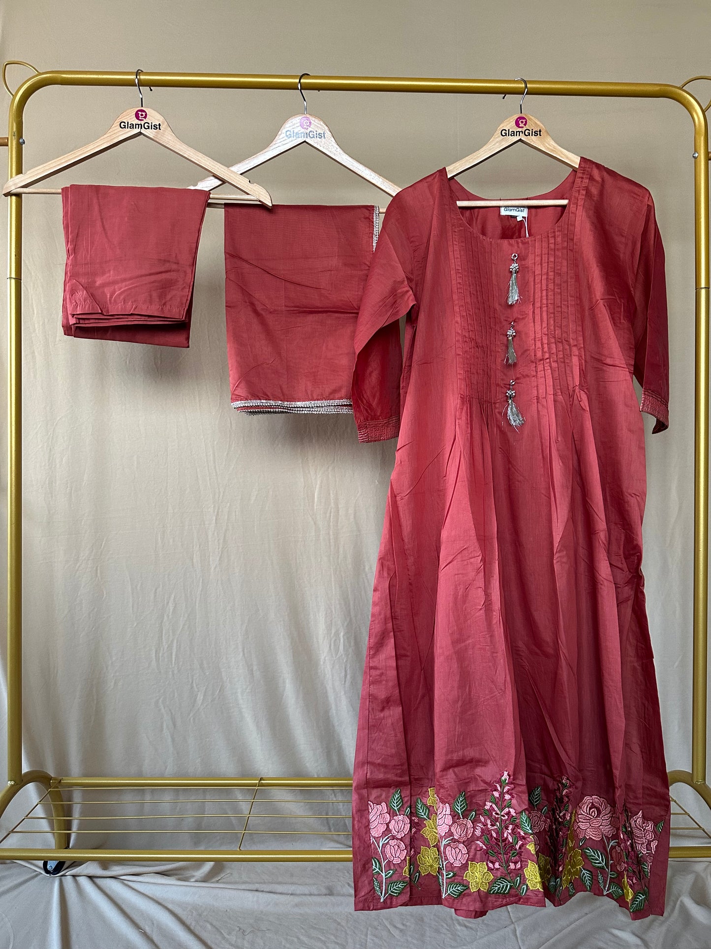 Deep rosewood Mul Chanderi set