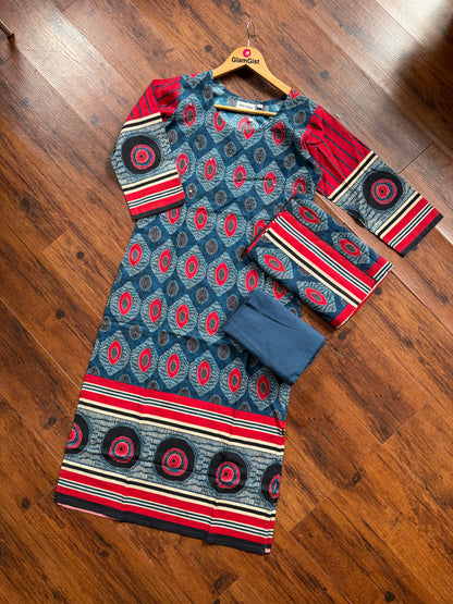 Indigo Red printed Kurta set