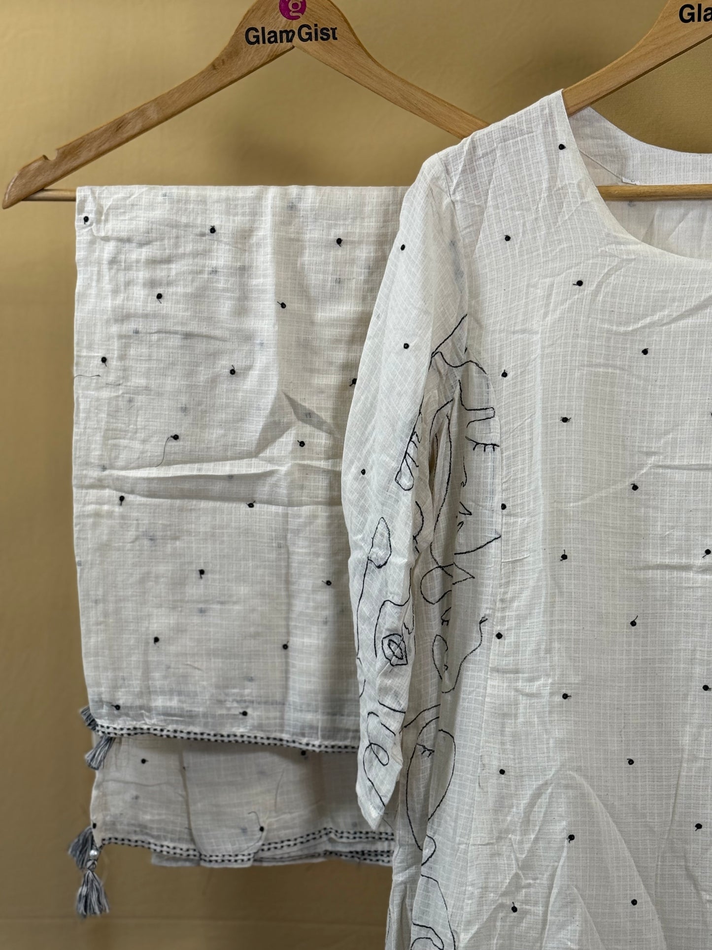 Ivory dori kurta palazzo set with black mask