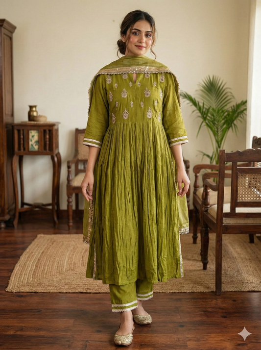 Olive green mul chanderi dress