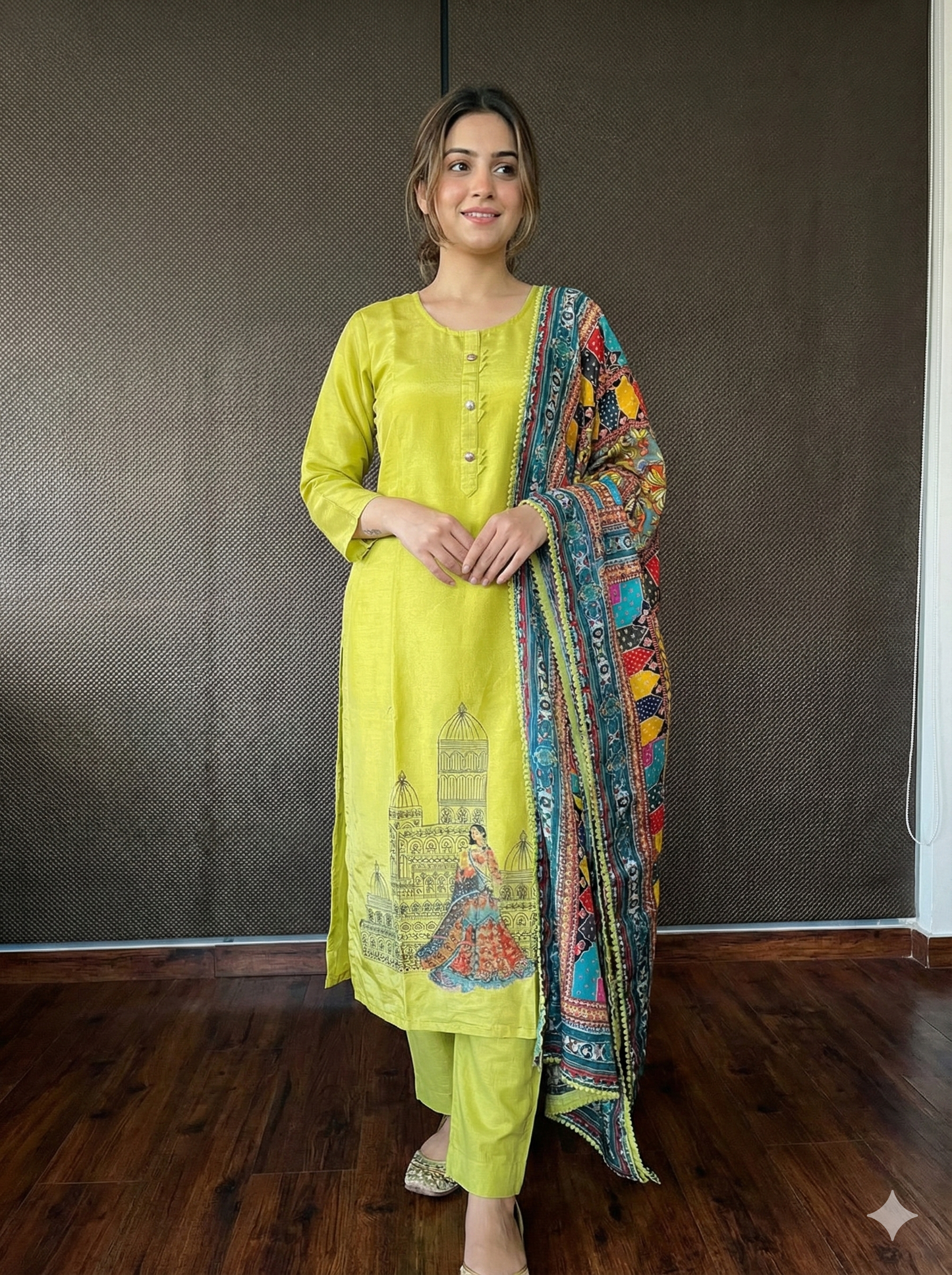 Green Pure Tissue Silk Multi-Coloured Dupatta Dress