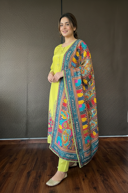 Green Pure Tissue Silk Multi-Coloured Dupatta Dress