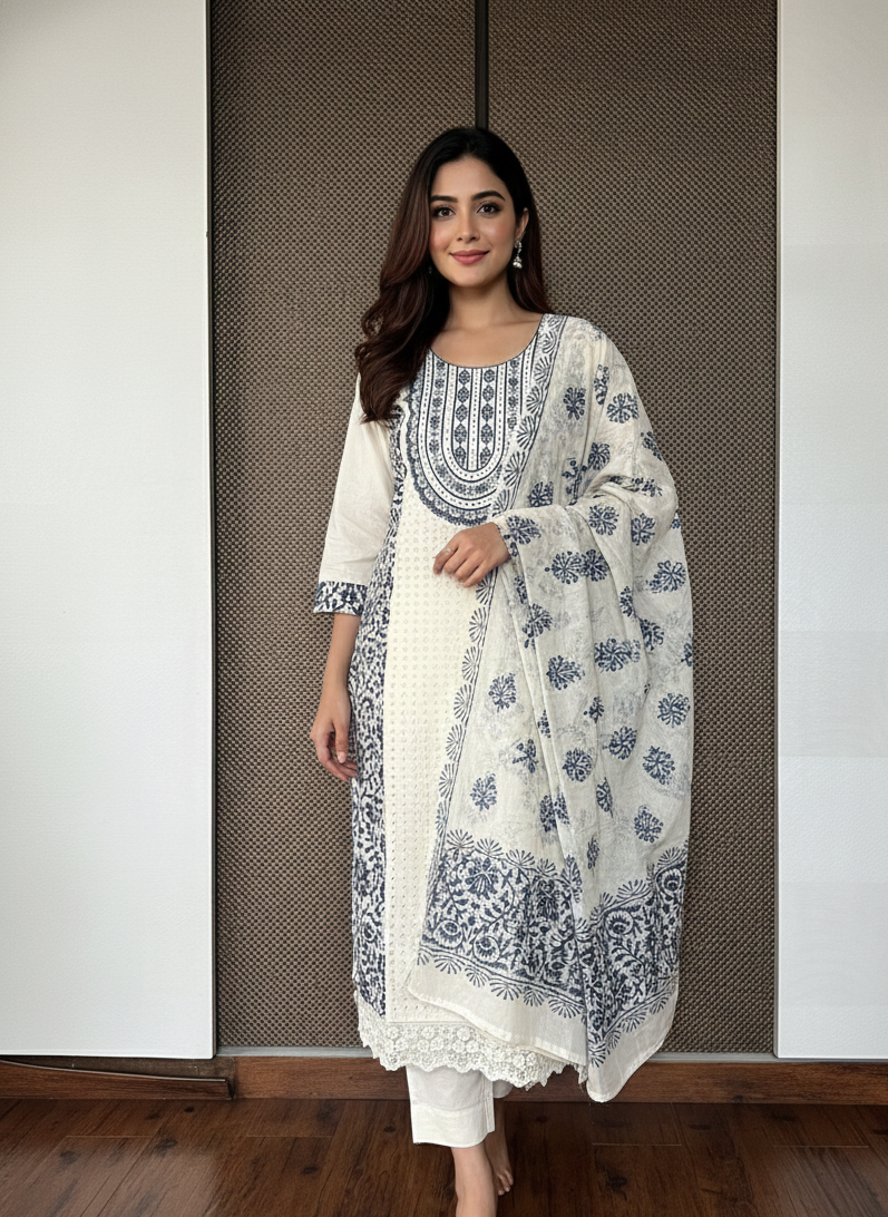 Ivory with blue imprints chikankari cotton set