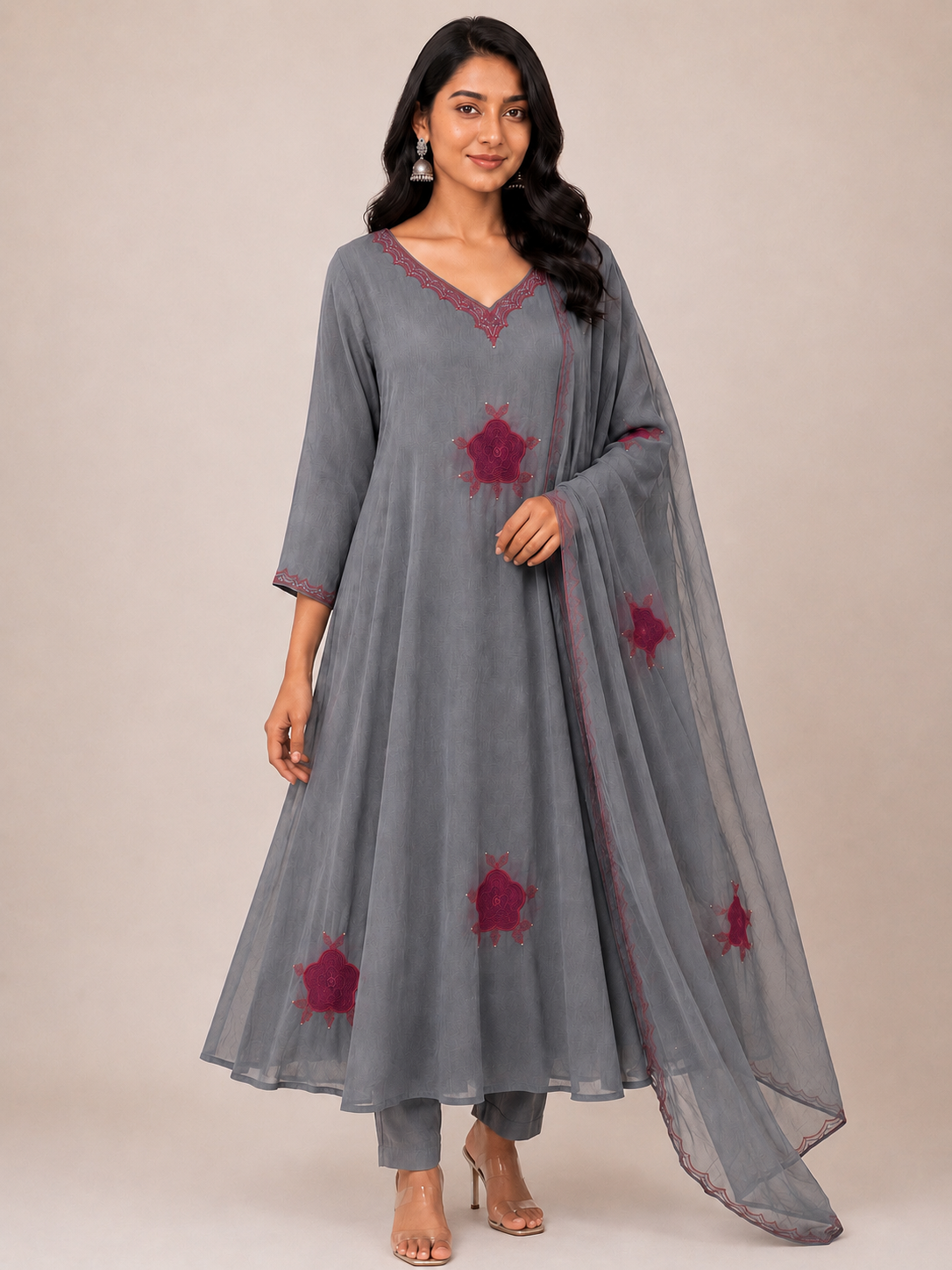 Slate grey Mul Chanderi set