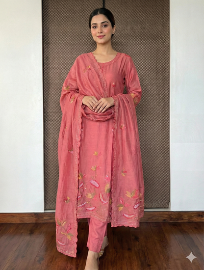 Blush rose embroidery mul cotton kurti set