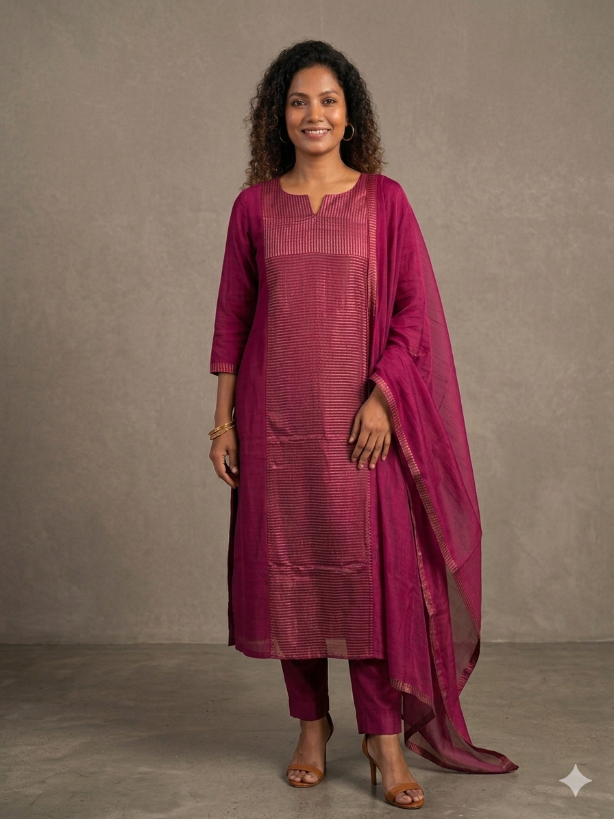 Fuchsia Pink Mul Chanderi Pinstripe Kurti Set