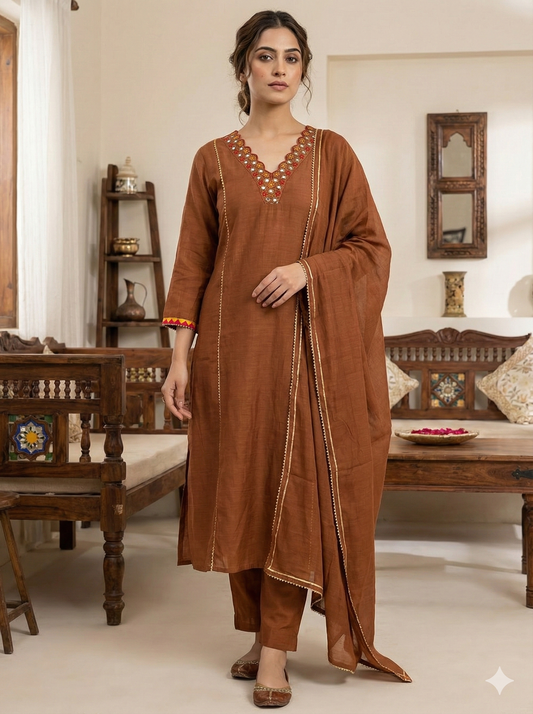 Brown mul chanderi designer kurti set