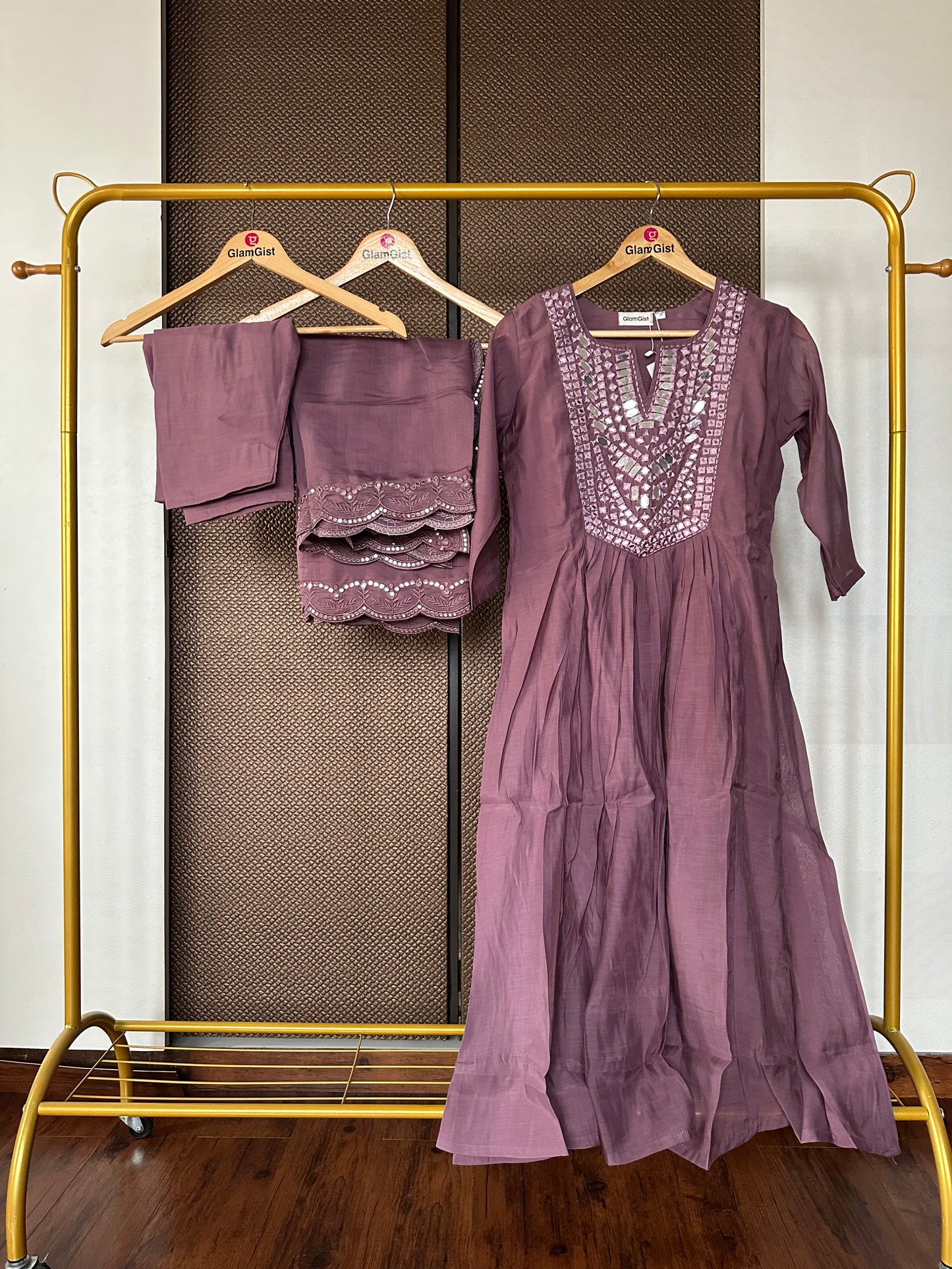 Mauve mirror work Mul Chanderi set