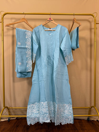 Sea blue Mul Chanderi set