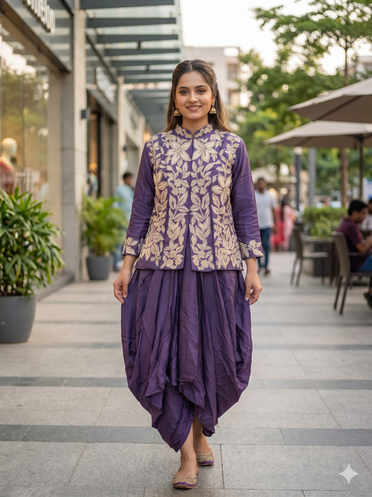 Royal Violet Floral Zari Embroidered Bandhgala Jacket & Dhoti Pant Indo-Western Co-ord Set