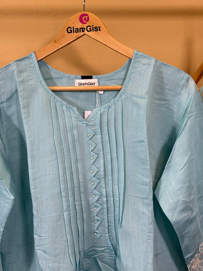 Sea blue Mul Chanderi set