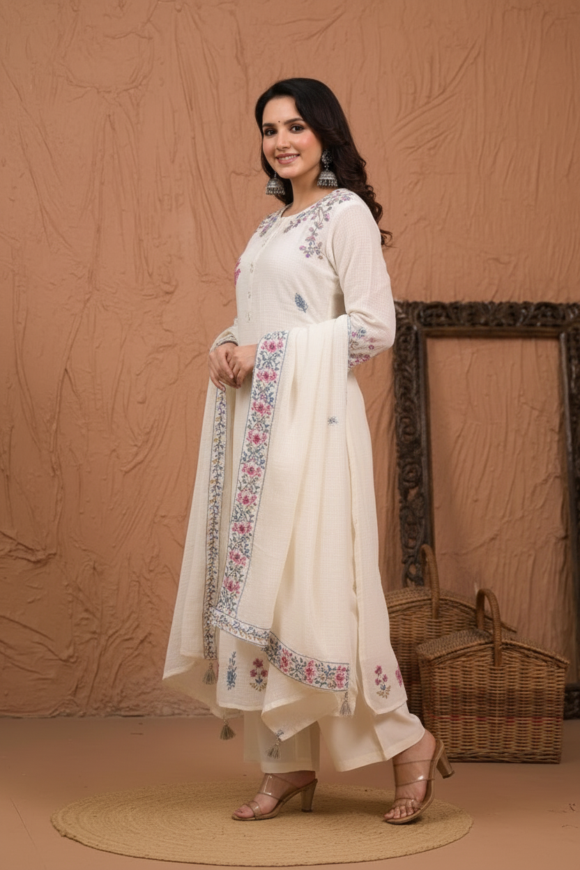 Ivory floral embroidered kurta set