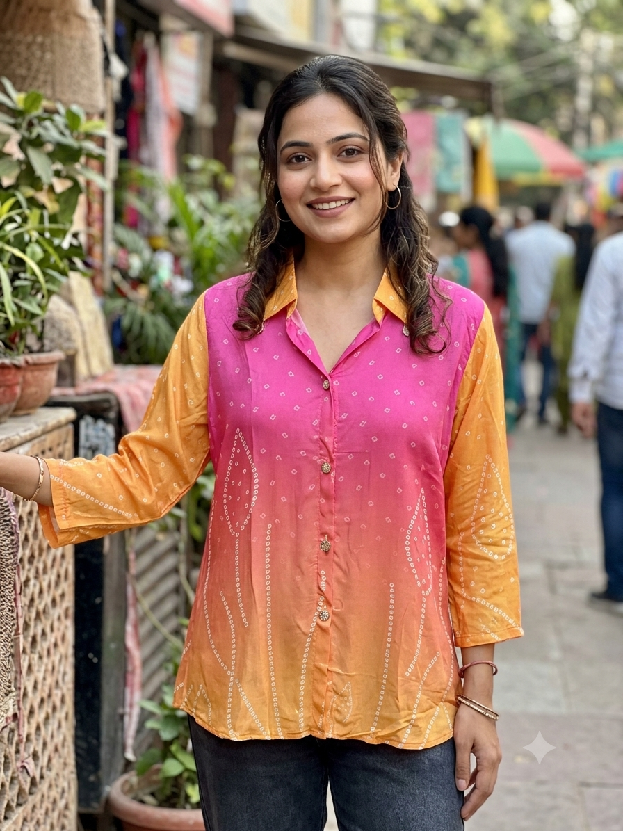 Sunset Ombré Bandhani Print Crepe Sh