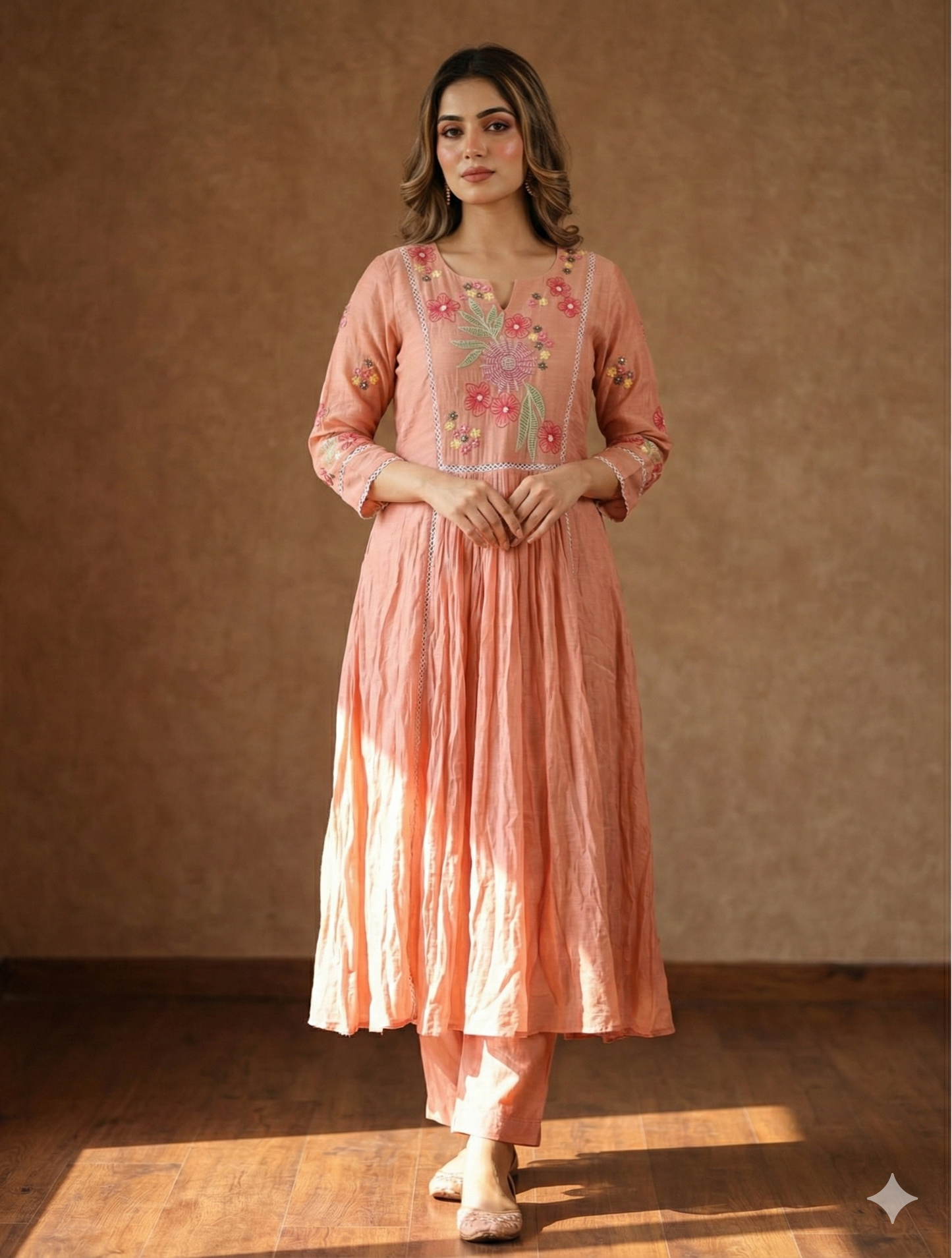 Peach mul chanderi threadwork kurti pant set
