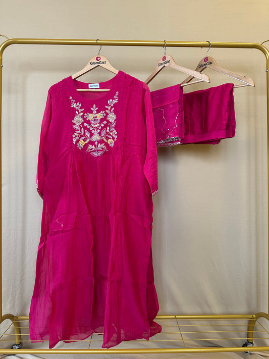 Fuchsia Pink Hand-Embroidered Mul Chanderi Kurta Set