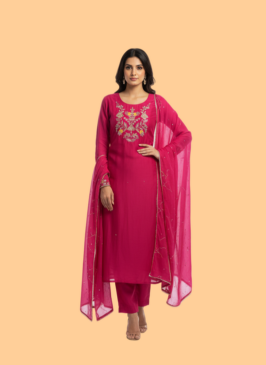Fuchsia Pink Hand-Embroidered Mul Chanderi Kurta Set