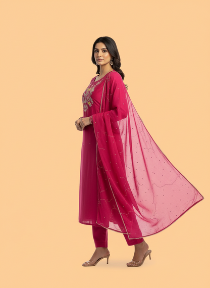 Fuchsia Pink Hand-Embroidered Mul Chanderi Kurta Set