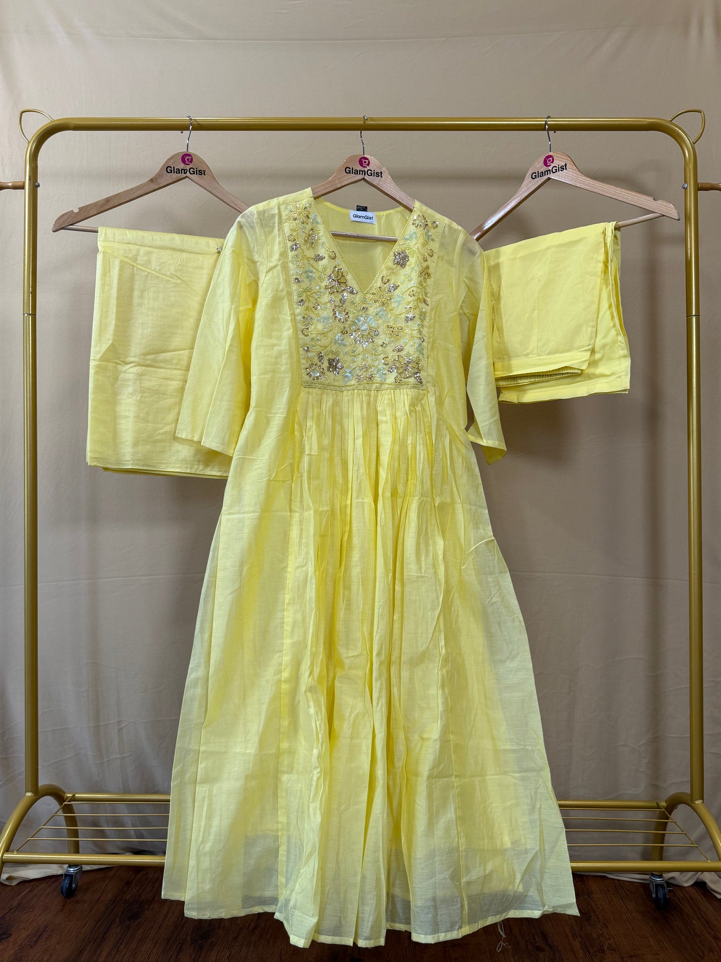 Lime yellow Mul Chanderi set