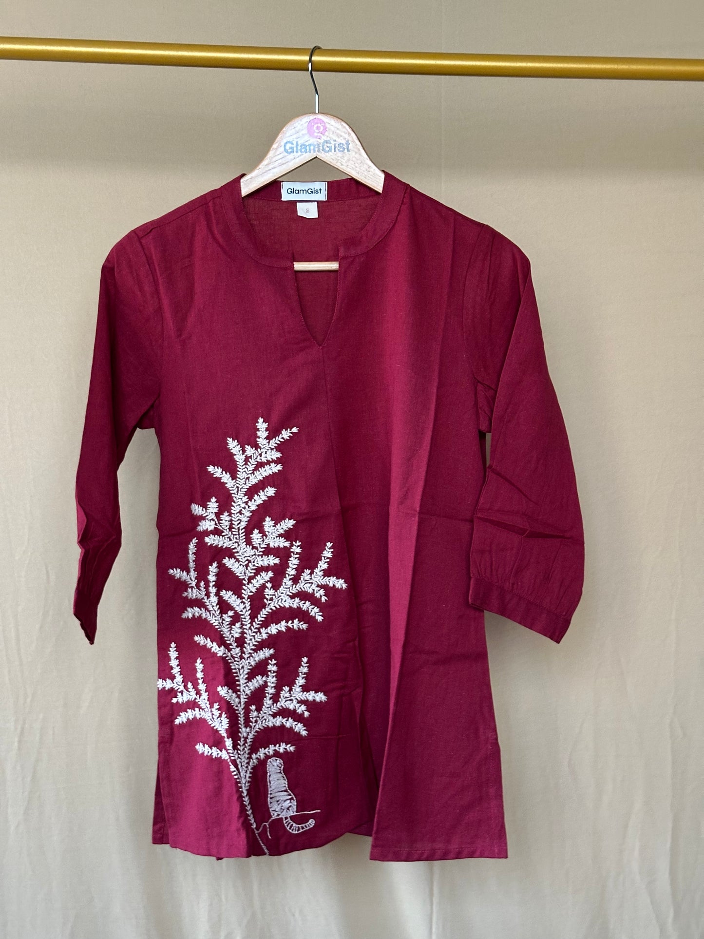 Crimson Mandarin Tunic with Embroidery