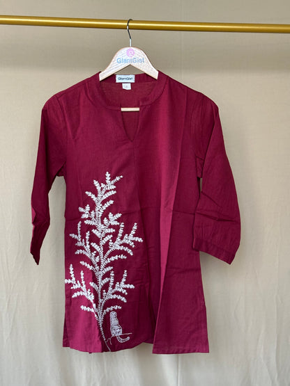 Crimson Mandarin Tunic with Embroidery