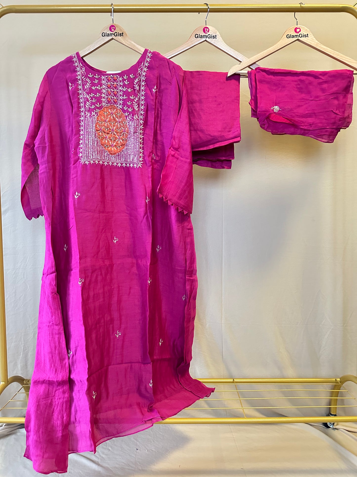 Zari Embroidered Fuchsia Mul Chanderi Set