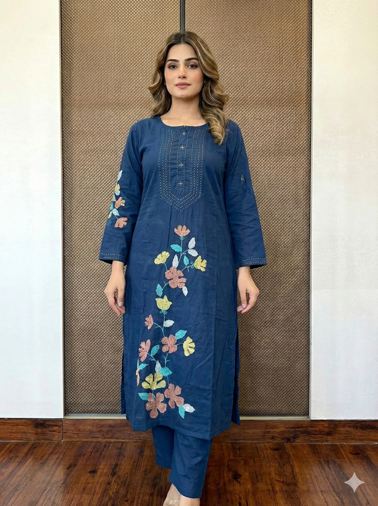 Navy blue embroidered kurti pant set