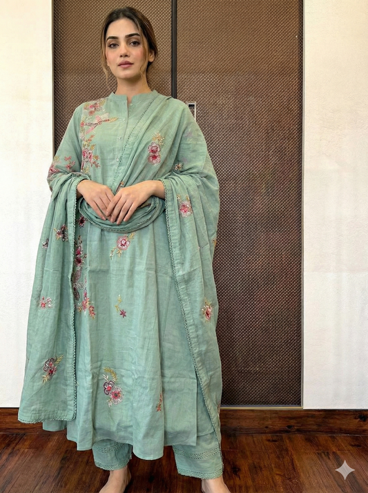Mint green mul chanderi embroidery kurti set