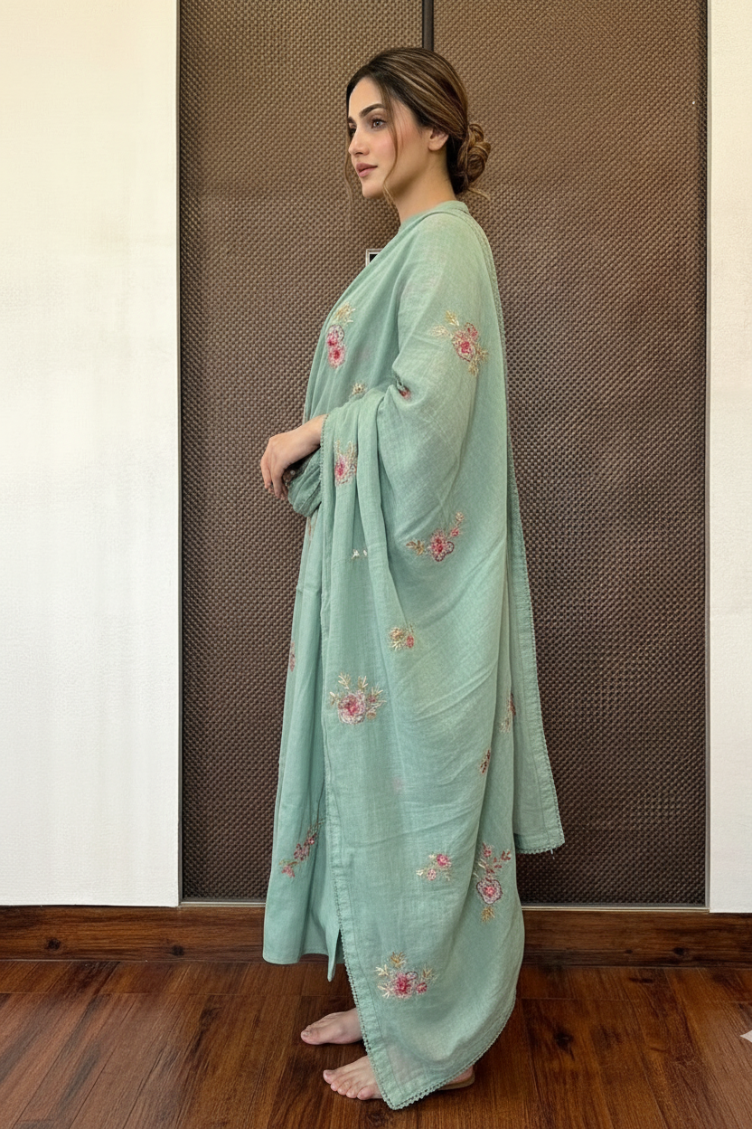 Mint green mul chanderi embroidery kurti set
