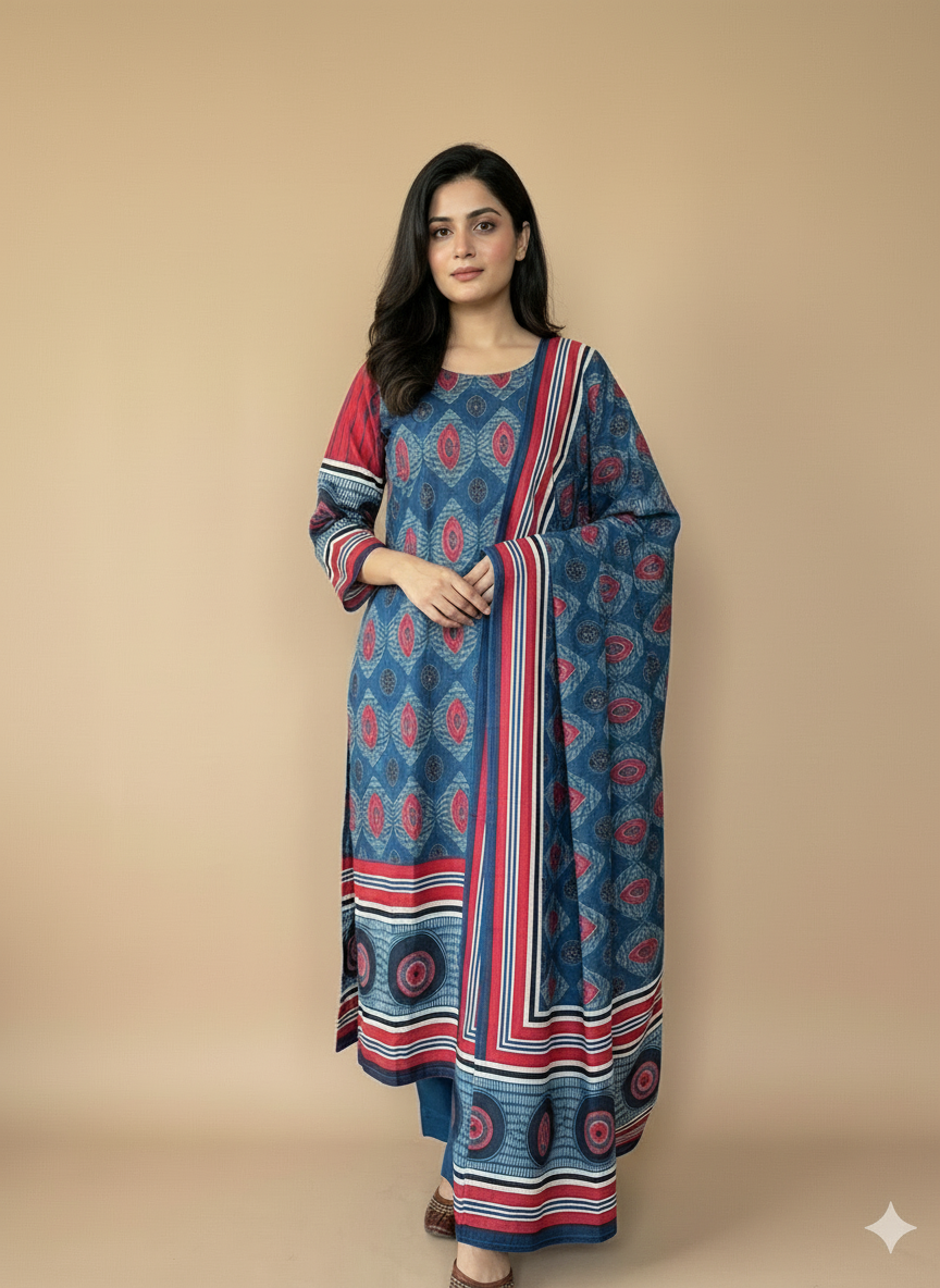 Indigo Red printed Kurta set