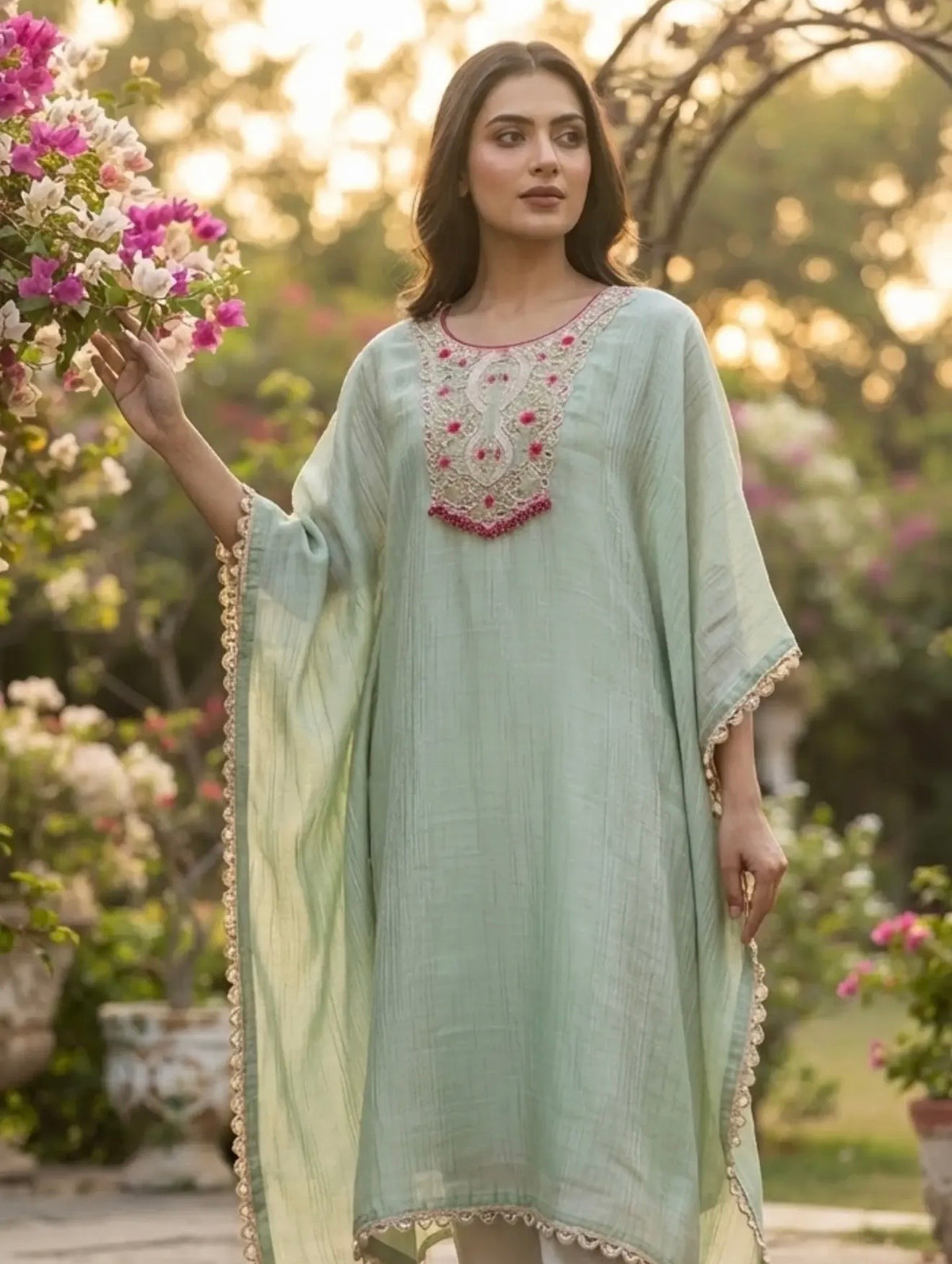 Mint green zardosi salsa tissue kaftan set with palazzo pants