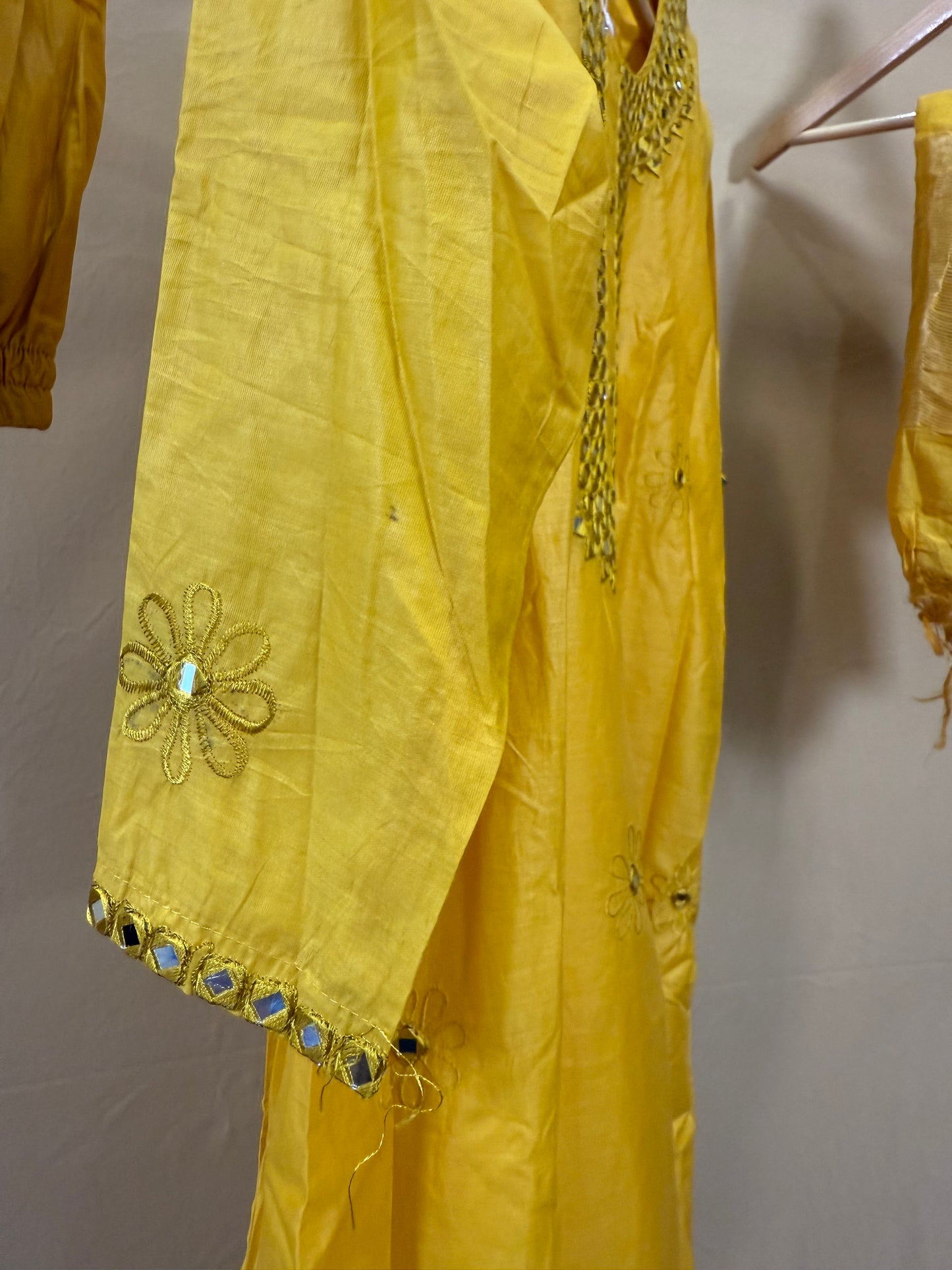Yellow mirror work Mul Chanderi set