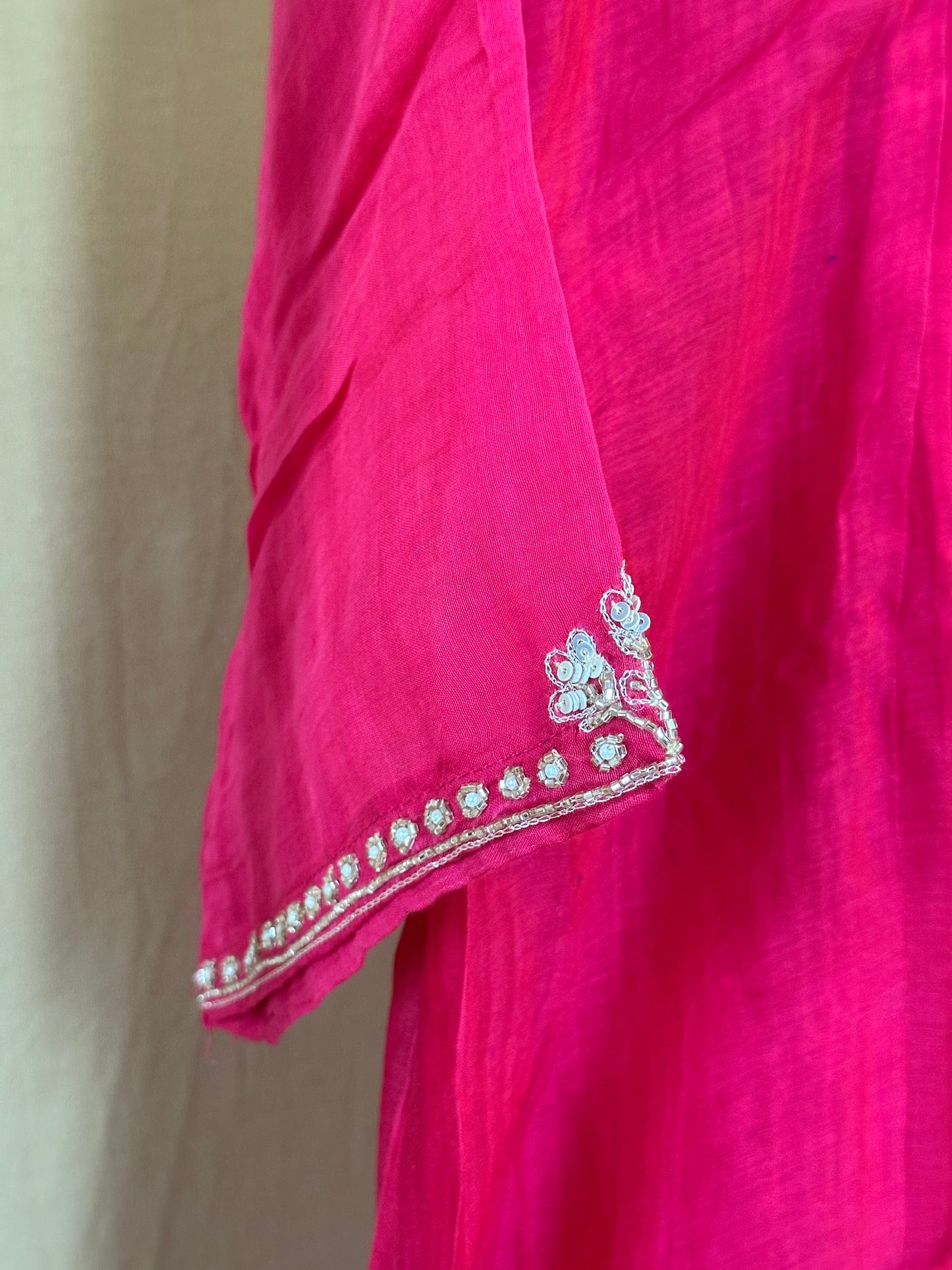 Fuchsia Pink Hand-Embroidered Mul Chanderi Kurta Set