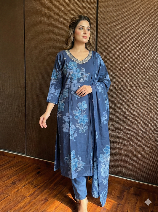 Navy blue floral cotton dress