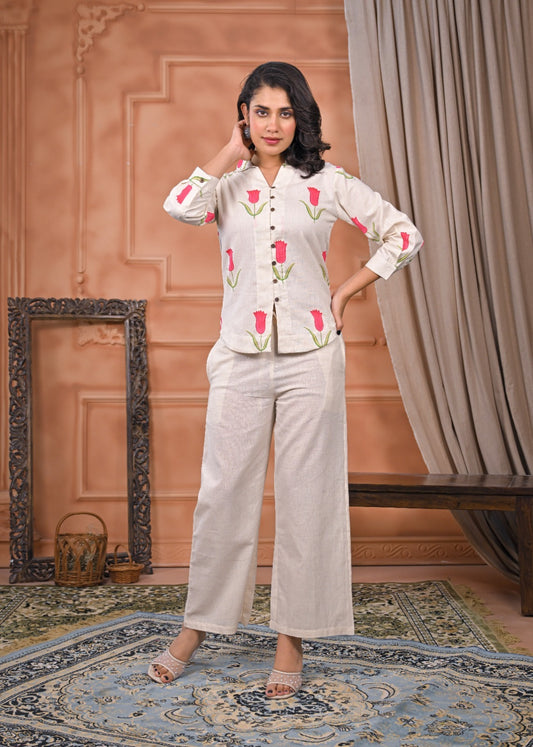 Tulip printed ivory linen shirt