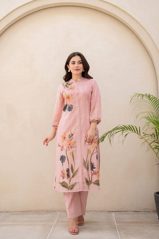 Baby Pink Cotton Kurti Pant Set