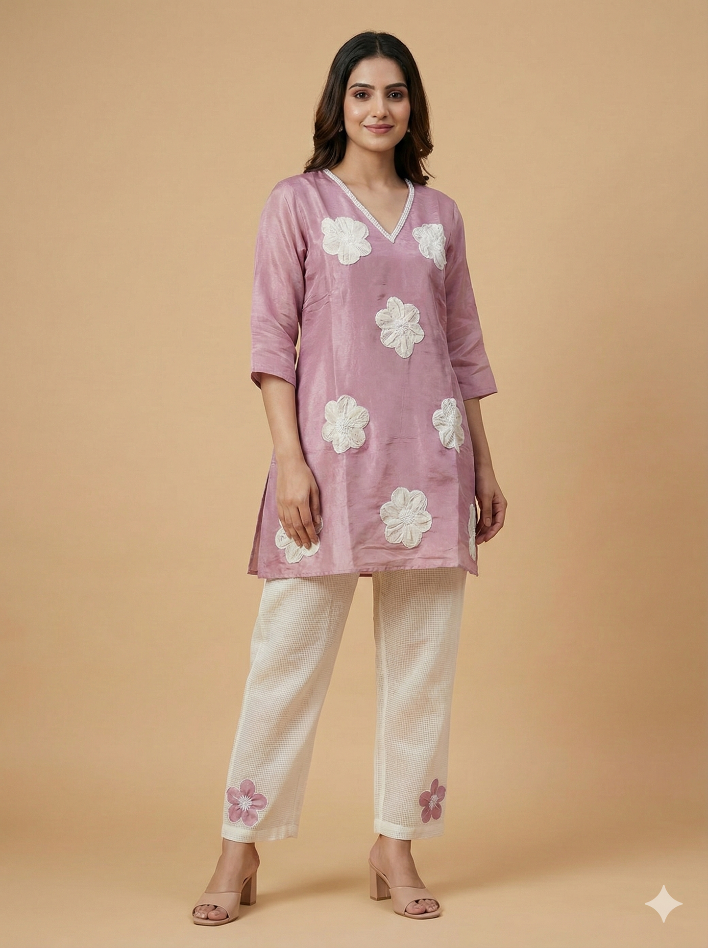 Premium Mauve Floral Hand embroidered coord set