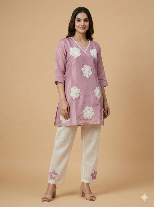 Premium Mauve Floral Hand embroidered coord set