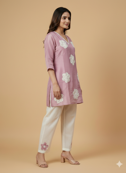 Premium Mauve Floral Hand embroidered coord set