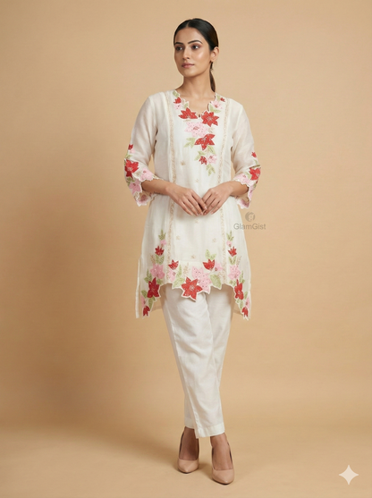 Ivory Mul Chanderi coord featuring appliqué work