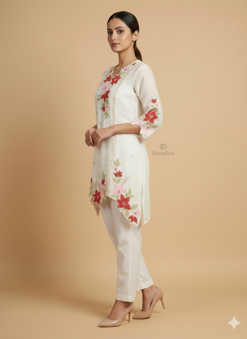 Ivory Mul Chanderi coord featuring appliqué work