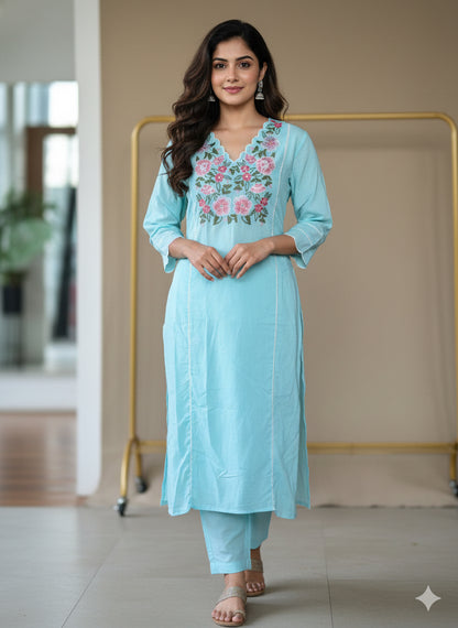 Aqua blue V-neck with scalloped finishing Kurti pant set