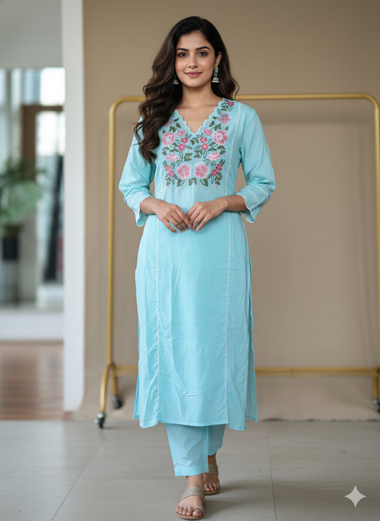 Aqua blue V-neck with scalloped finishing Kurti pant set