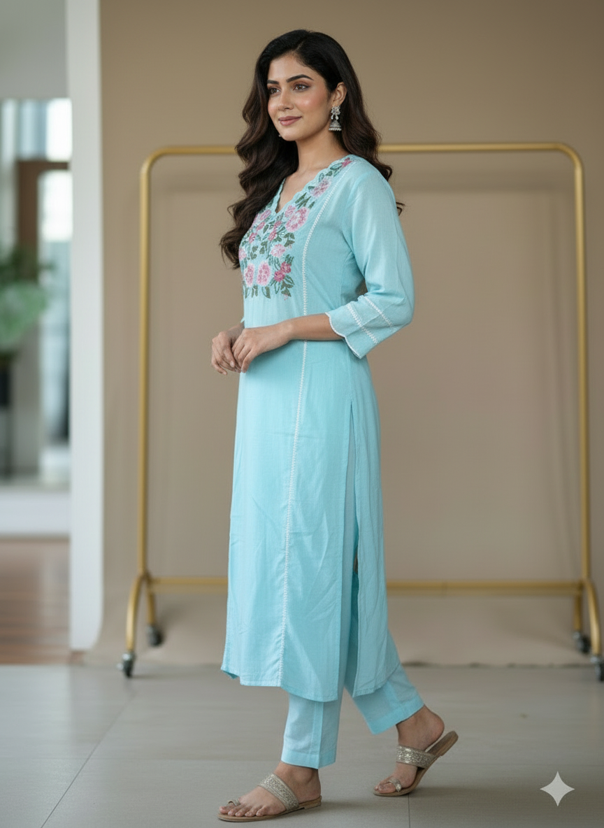 Aqua blue V-neck with scalloped finishing Kurti pant set
