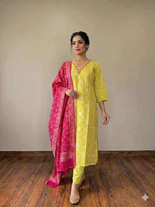 Yellow pure tissue with plazzo pants and red banarasi dupatta