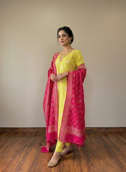 Yellow pure tissue with plazzo pants and red banarasi dupatta
