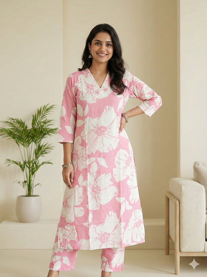 Blush bloom cotton Kurti pant set