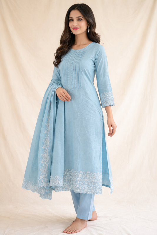 Sea blue Mul Chanderi set