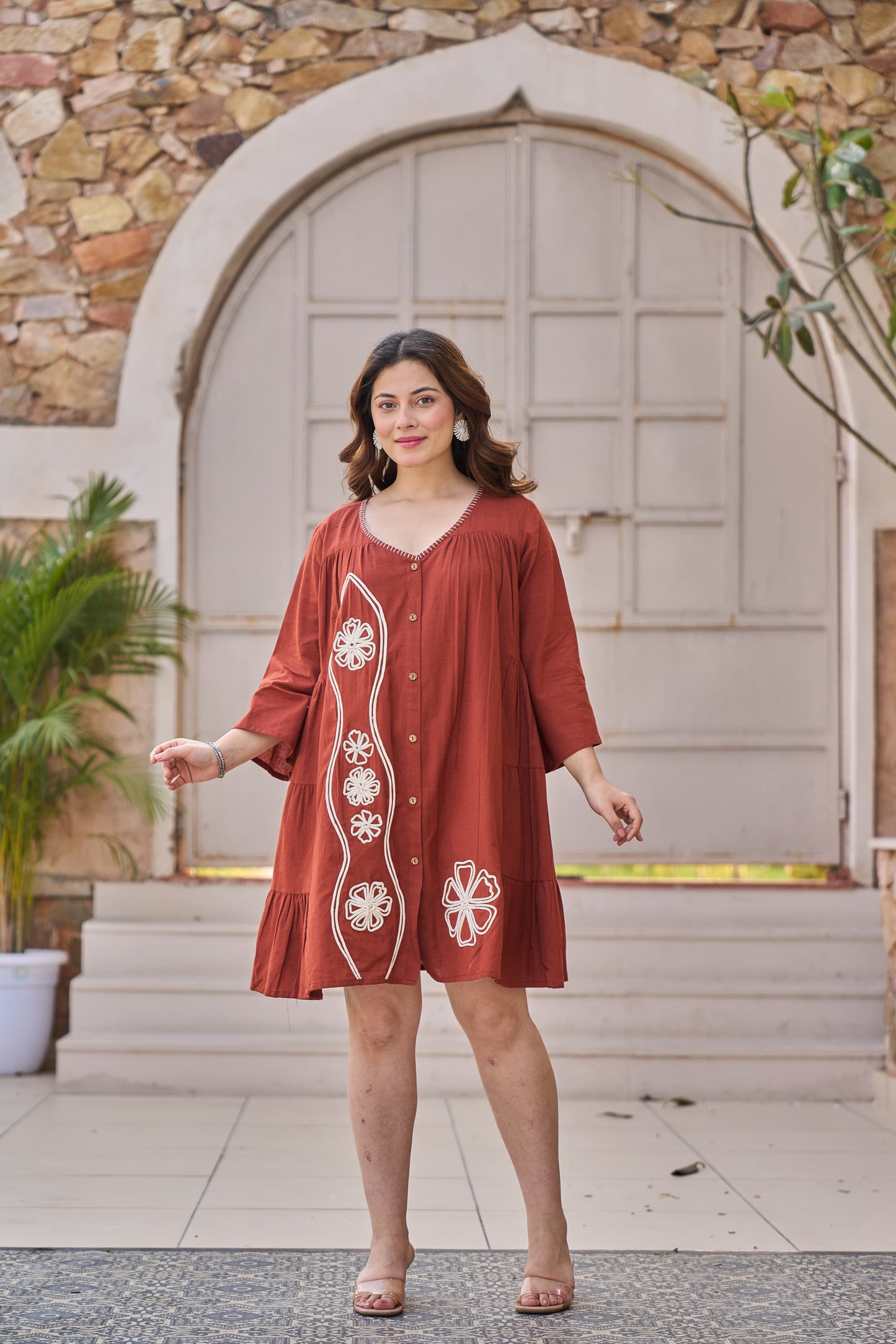 Terracotta Bloom Appliqué Tunic Dress