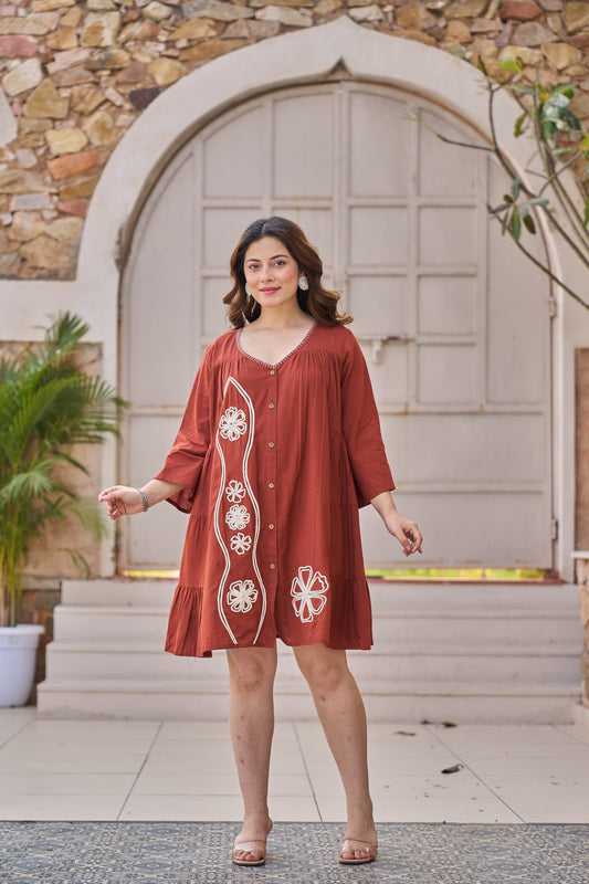 Terracotta Bloom Appliqué Tunic Dress