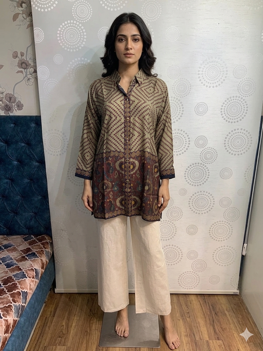 Geometric Olive Crepe Tunic